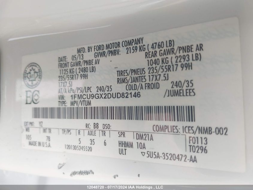 2013 Ford Escape Se VIN: 1FMCU9GX2DUD82146 Lot: 12048720