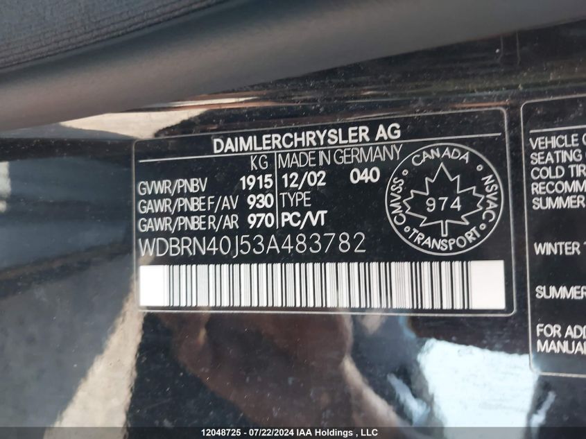 2003 Mercedes-Benz C-Class VIN: WDBRN40J53A483782 Lot: 12048725