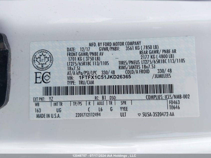 2018 Ford F-150 VIN: 1FTFX1C51JKD26365 Lot: 12048757