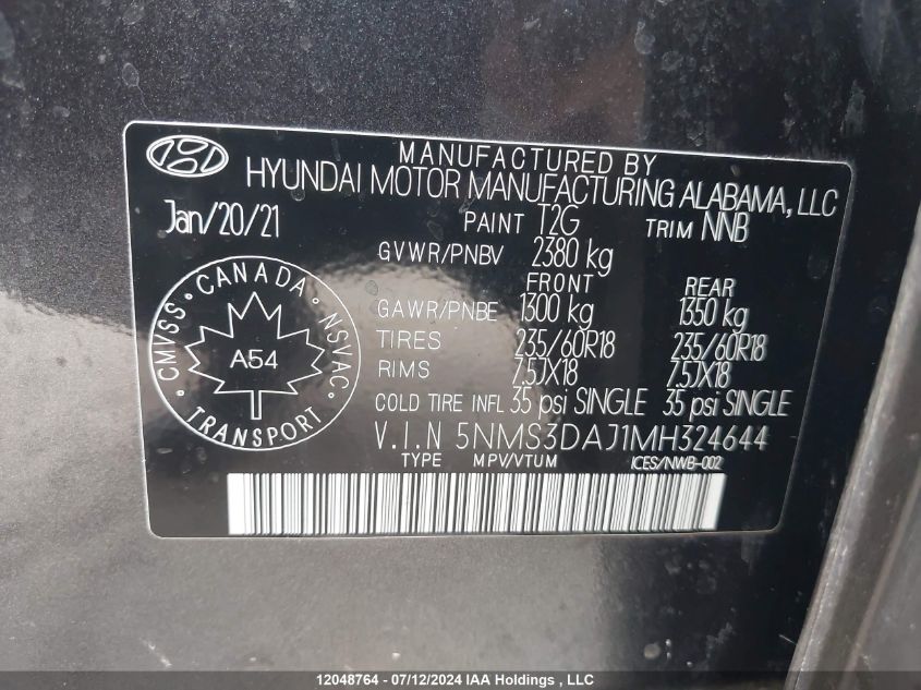 2021 Hyundai Santa Fe Sel VIN: 5NMS3DAJ1MH324644 Lot: 12048764