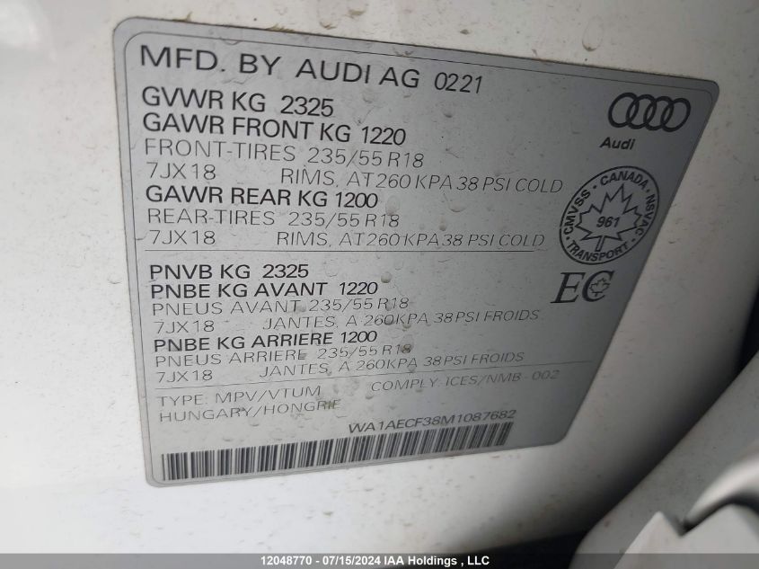 2021 Audi Q3 Komfort 45 VIN: WA1AECF38M1087682 Lot: 12048770