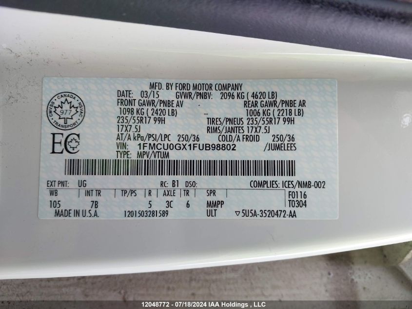 2015 Ford Escape Se VIN: 1FMCU0GX1FUB98802 Lot: 12048772