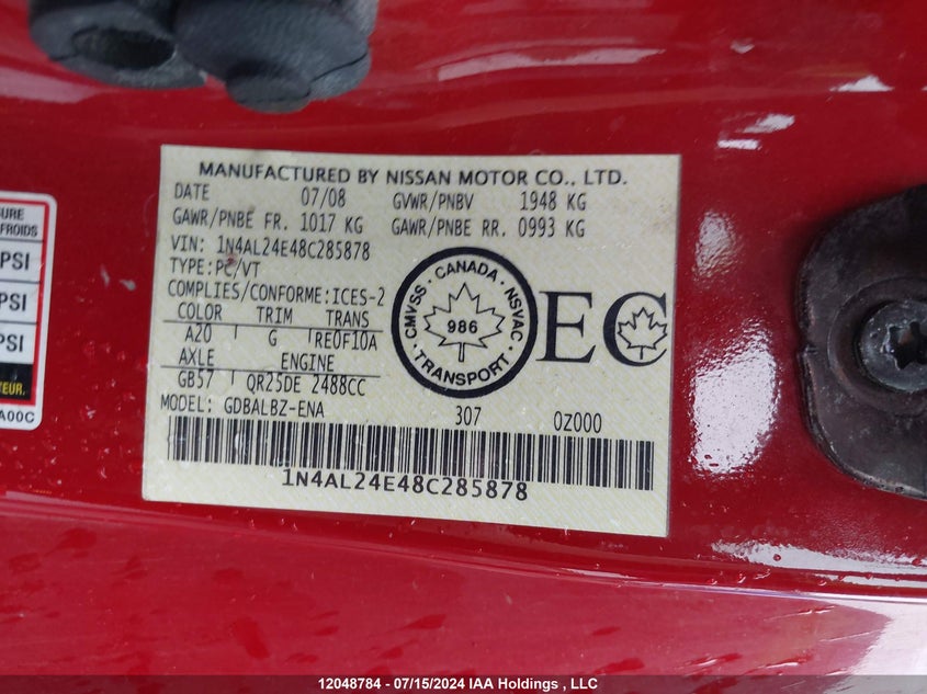 2008 Nissan Altima 2.5 S VIN: 1N4AL24E48C285878 Lot: 12048784