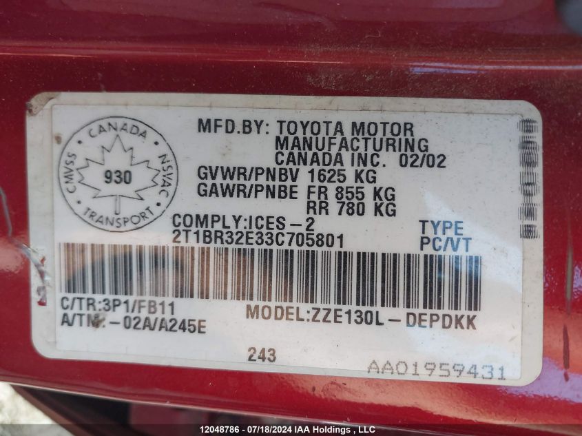 2003 Toyota Corolla Ce/Le/Sport VIN: 2T1BR32E33C705801 Lot: 12048786