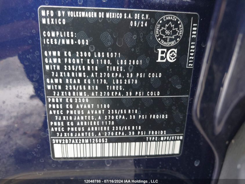 2024 Volkswagen Tiguan Se VIN: 3VV2B7AX2RM125052 Lot: 12048788