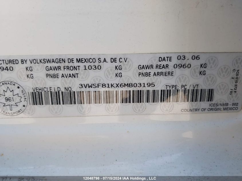 2006 Volkswagen Jetta 2.5 VIN: 3VWSF81KX6M803195 Lot: 12048798