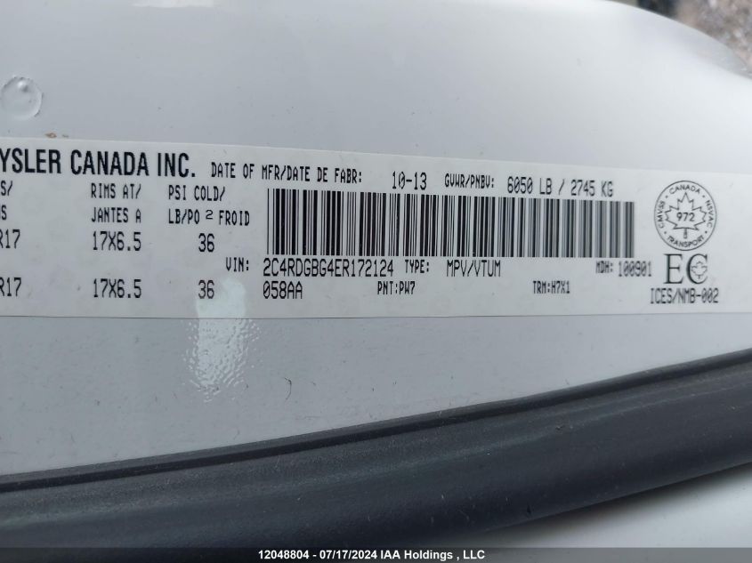 2014 Dodge Grand Caravan VIN: 2C4RDGBG4ER172124 Lot: 12048804