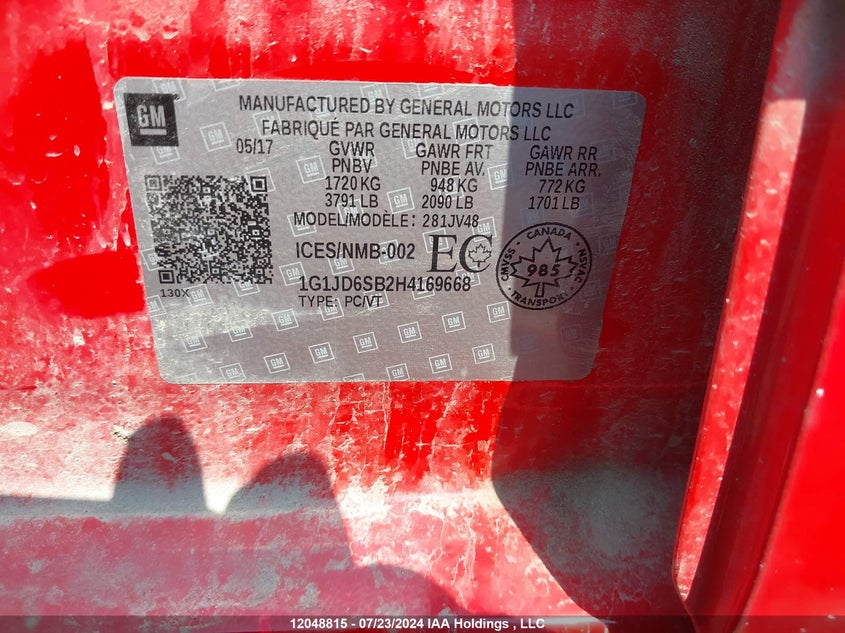 2017 Chevrolet Sonic VIN: 1G1JD6SB2H4169668 Lot: 12048815