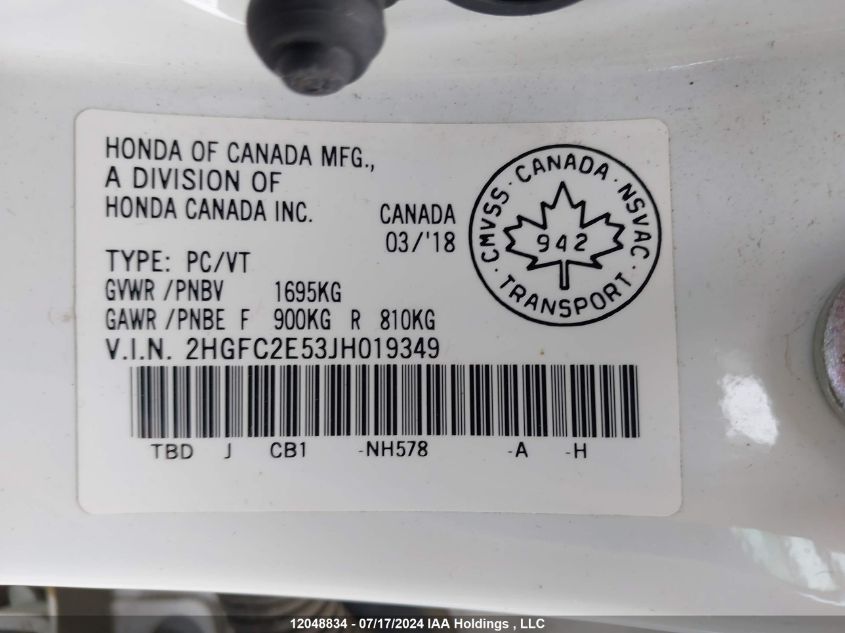 2018 Honda Civic Lx VIN: 2HGFC2E53JH019349 Lot: 12048834