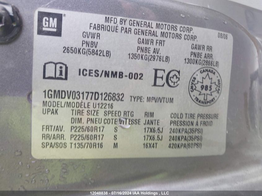 2007 Pontiac Montana Sv6 VIN: 1GMDV03177D126832 Lot: 12048838