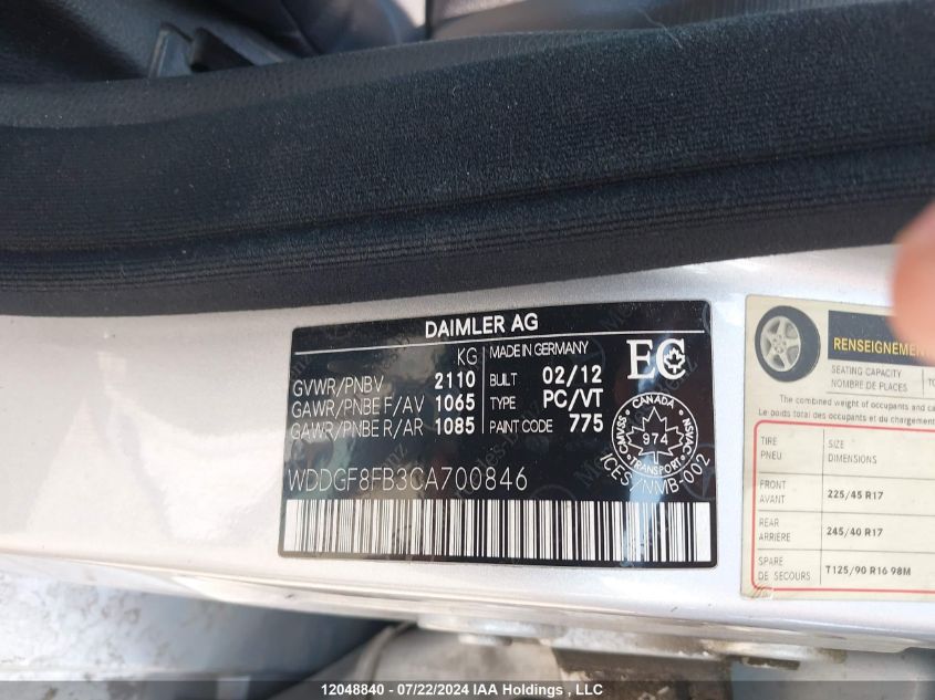 2012 Mercedes-Benz C-Class VIN: WDDGF8FB3CA700846 Lot: 12048840