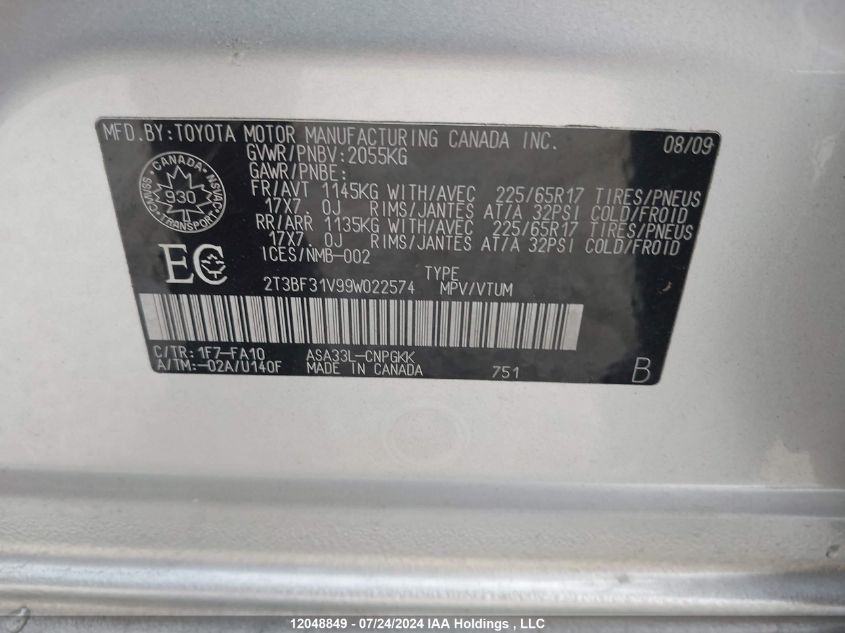 2009 Toyota Rav4 Limited VIN: 2T3BF31V99W022574 Lot: 12048849
