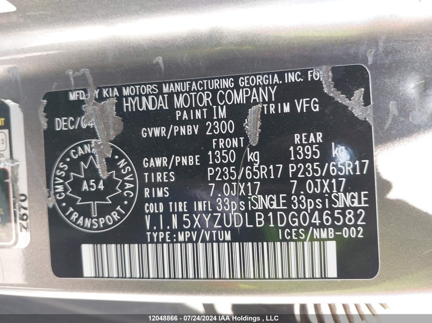 2013 Hyundai Santa Fe Sport VIN: 5XYZUDLB1DG046582 Lot: 12048866