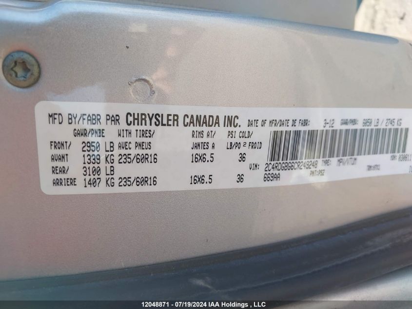 2012 Dodge Grand Caravan Se/Sxt VIN: 2C4RDGBG6CR249248 Lot: 12048871