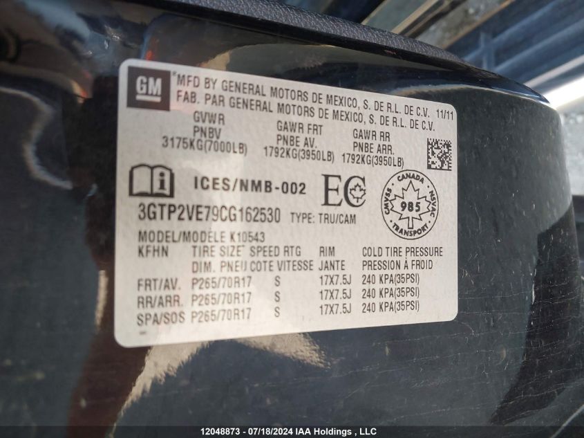 2012 GMC Sierra 1500 VIN: 3GTP2VE79CG162530 Lot: 12048873