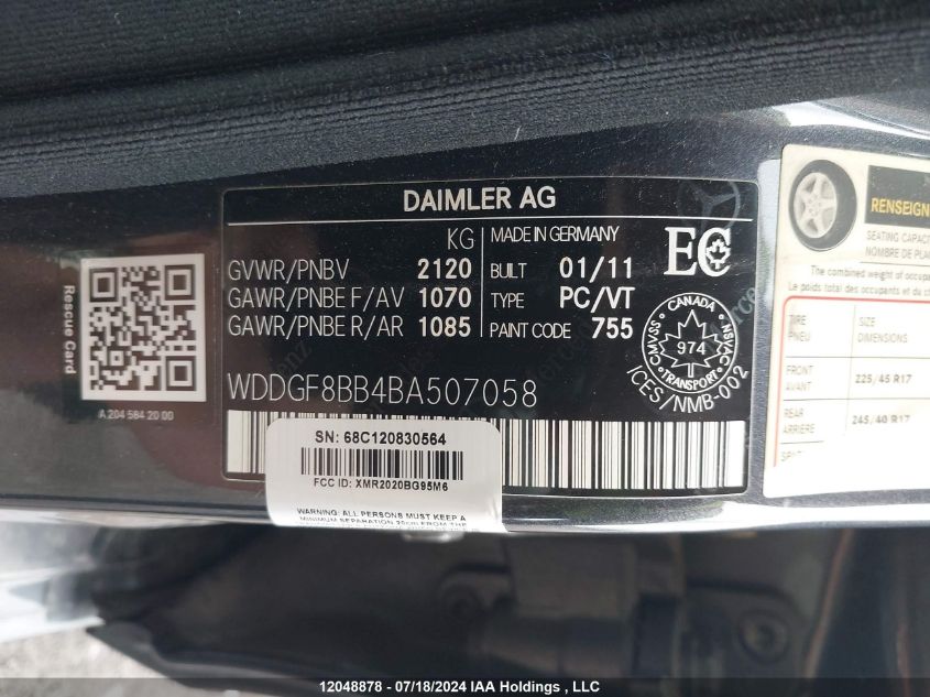 2011 Mercedes-Benz C-Class VIN: WDDGF8BB4BA507058 Lot: 12048878