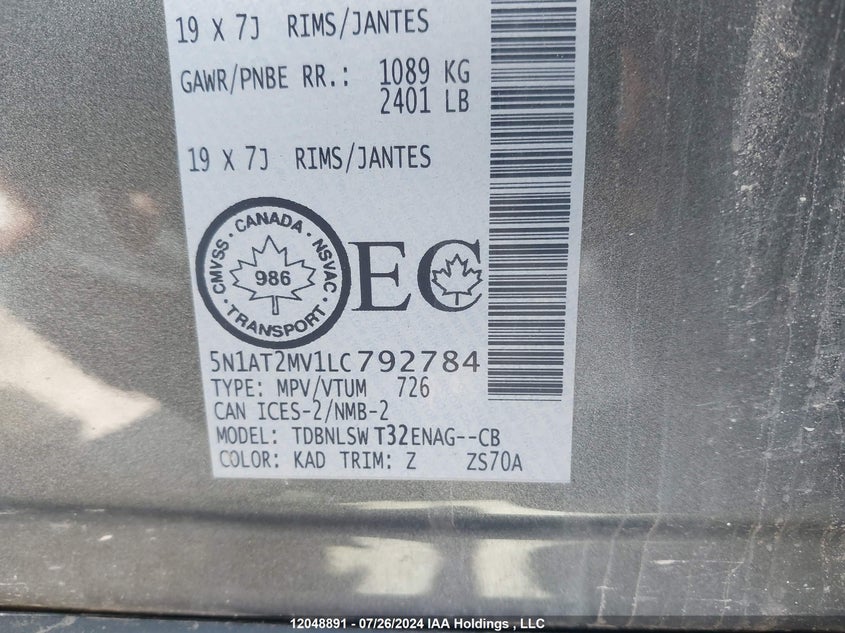 2020 Nissan Rogue S/Sl/Sv VIN: 5N1AT2MV1LC792784 Lot: 12048891