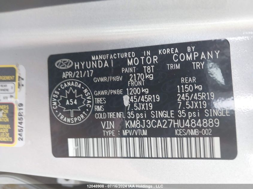 2017 Hyundai Tucson Limited/Sport And Eco/Se VIN: KM8J3CA27HU484889 Lot: 12048908