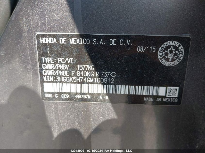 2016 Honda Fit VIN: 3HGGK5H74GM100912 Lot: 12048909