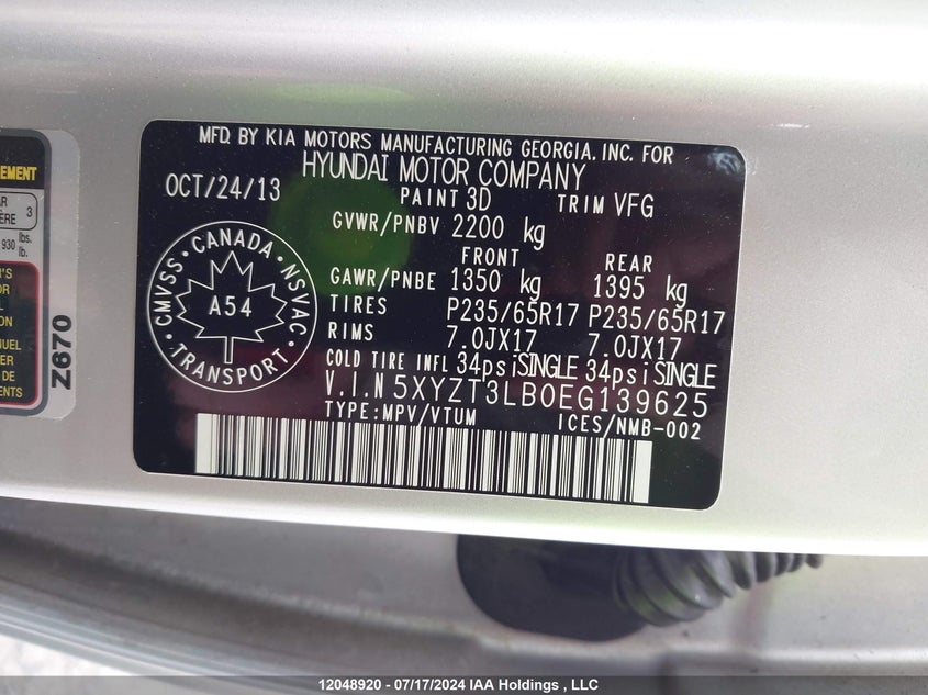 2014 Hyundai Santa Fe Sport 2.4 Base VIN: 5XYZT3LB0EG139625 Lot: 12048920