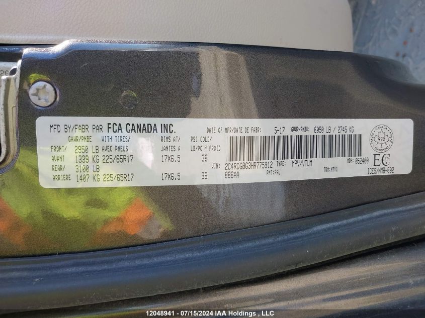 2017 Dodge Grand Caravan Se VIN: 2C4RDGBG3HR775912 Lot: 12048941