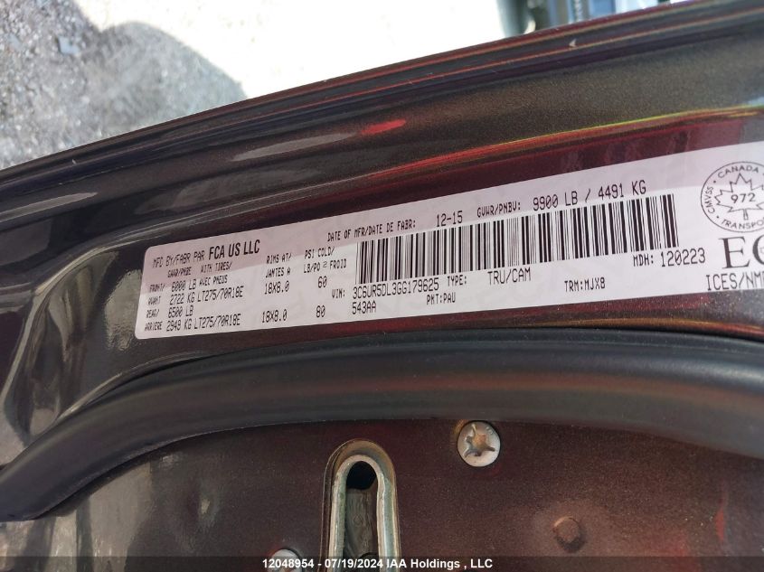 2016 Ram 2500 Slt VIN: 3C6UR5DL3GG179625 Lot: 12048954