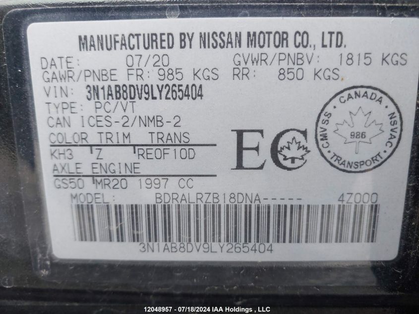 2020 Nissan Sentra VIN: 3N1AB8DV9LY265404 Lot: 12048957