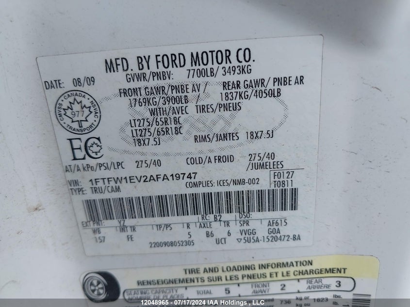 2010 Ford F-150 VIN: 1FTFW1EV2AFA19747 Lot: 12048965