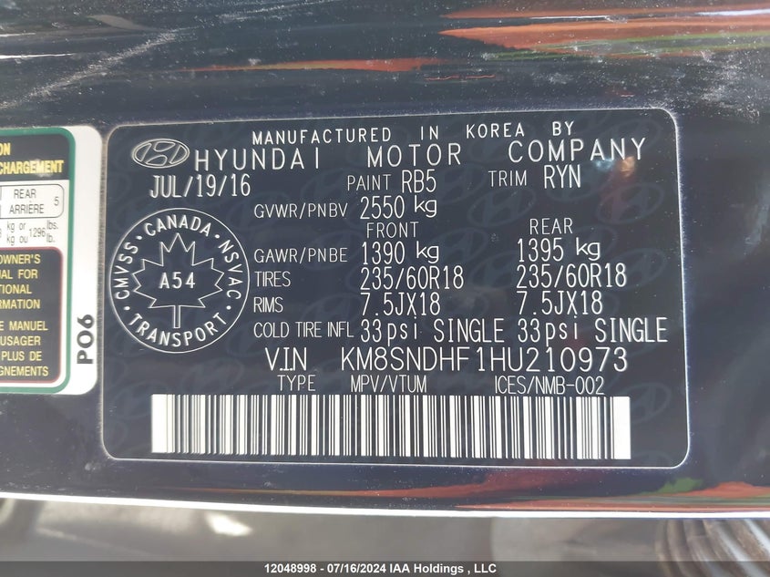 2017 Hyundai Santa Fe Se/Limited VIN: KM8SNDHF1HU210973 Lot: 12048998