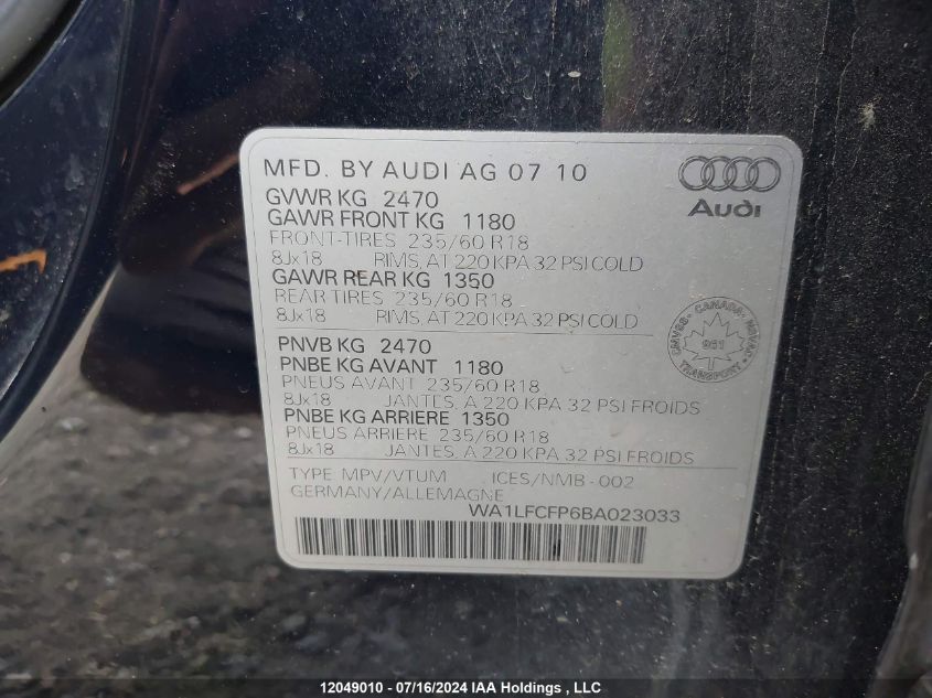 2011 Audi Q5 VIN: WA1LFCFP6BA023033 Lot: 12049010