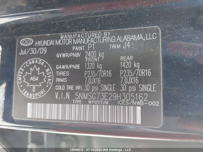 2009 Hyundai Santa Fe Gl VIN: 5NMSG73E29H305162 Lot: 12049012