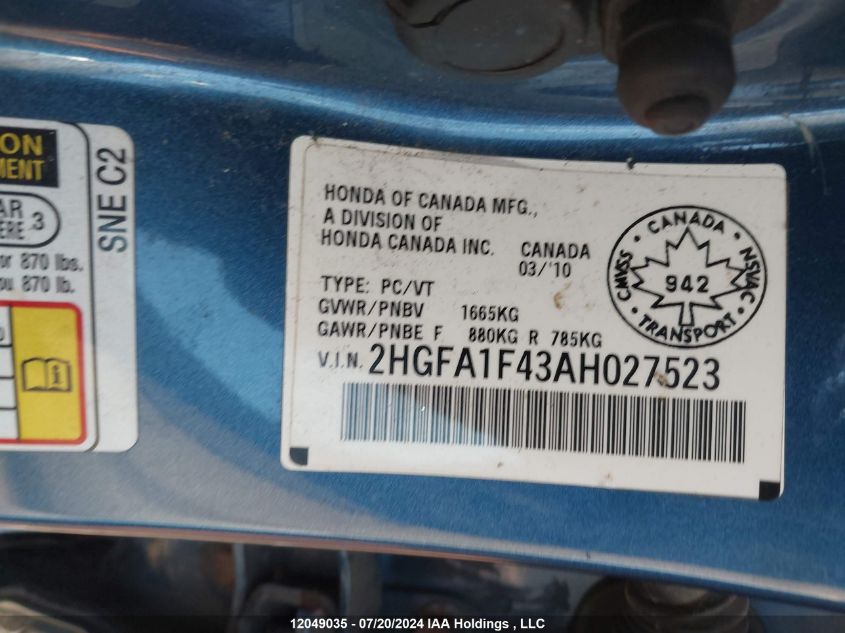2010 Honda Civic Sdn VIN: 2HGFA1F43AH027523 Lot: 12049035