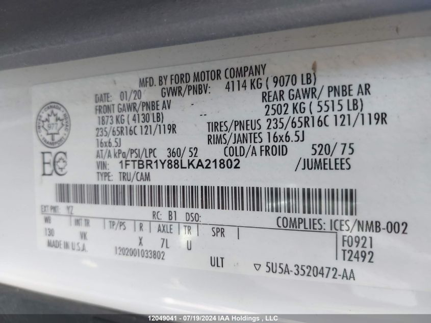 2020 Ford Transit T-250 VIN: 1FTBR1Y88LKA21802 Lot: 12049041