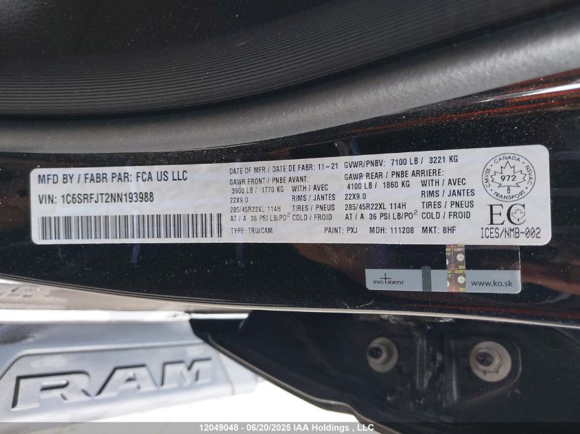 2022 Ram 1500 Laramie VIN: 1C6SRFJT2NN193988 Lot: 12049048