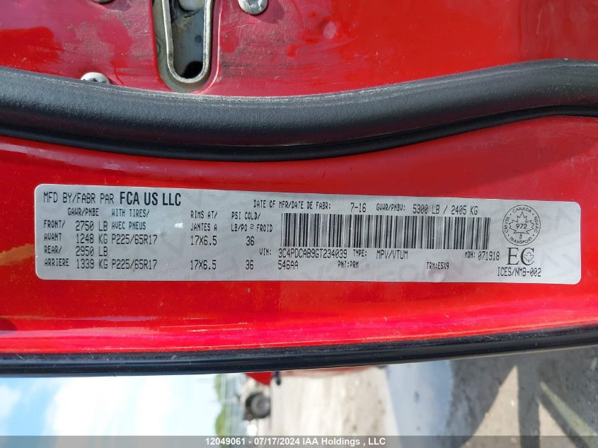 2016 Dodge Journey Se VIN: 3C4PDCAB9GT234039 Lot: 12049061