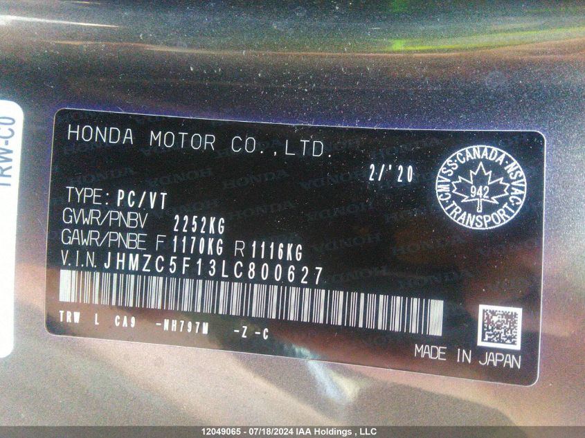 2020 Honda Clarity VIN: JHMZC5F13LC800627 Lot: 12049065