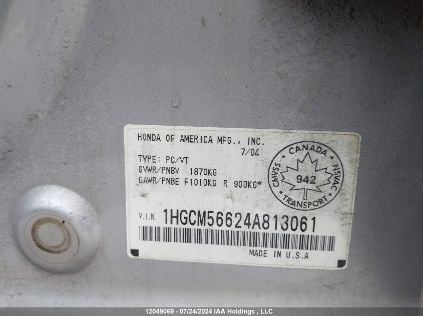 2004 Honda Accord Sdn VIN: 1HGCM56624A813061 Lot: 12049069