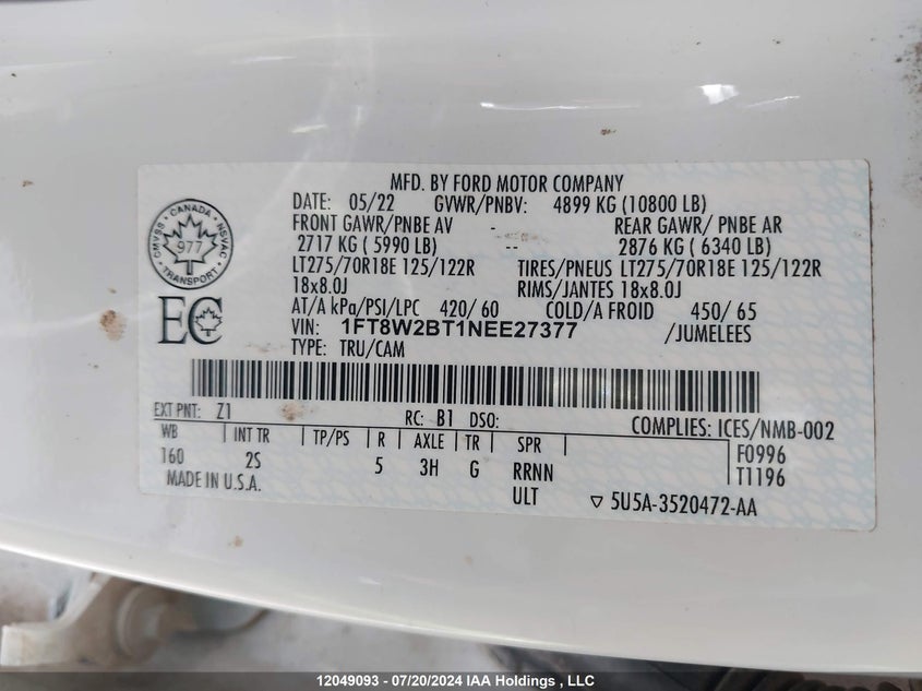 2022 Ford F250 Super Duty VIN: 1FT8W2BT1NEE27377 Lot: 12049093