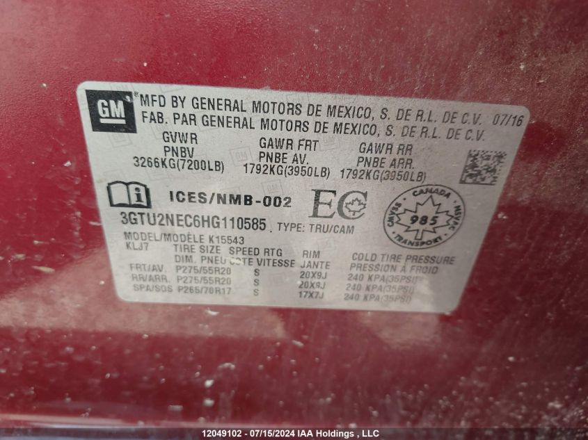 2017 GMC Sierra K1500 Slt VIN: 3GTU2NEC6HG110585 Lot: 12049102