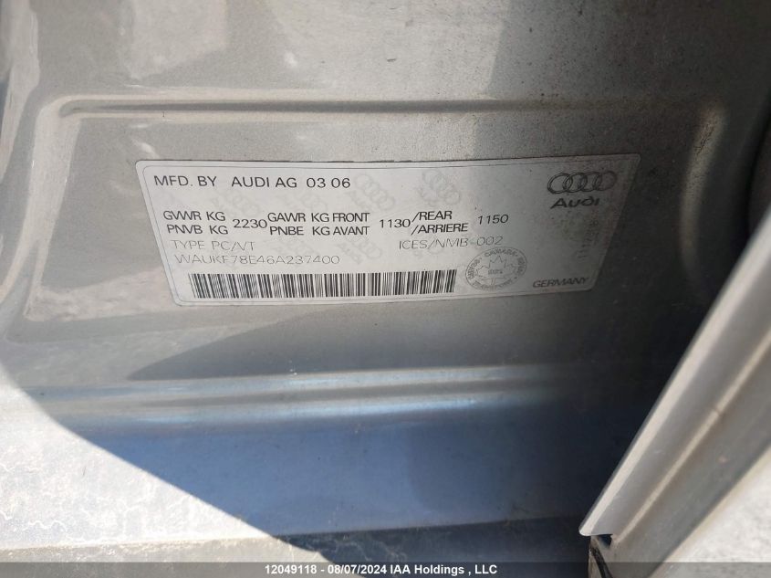 2006 Audi A4 VIN: WAUKF78E46A237400 Lot: 12049118