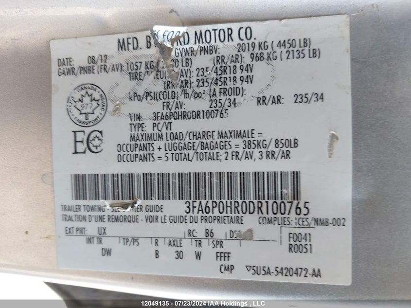 2013 Ford Fusion Se VIN: 3FA6P0HR0DR100765 Lot: 12049135