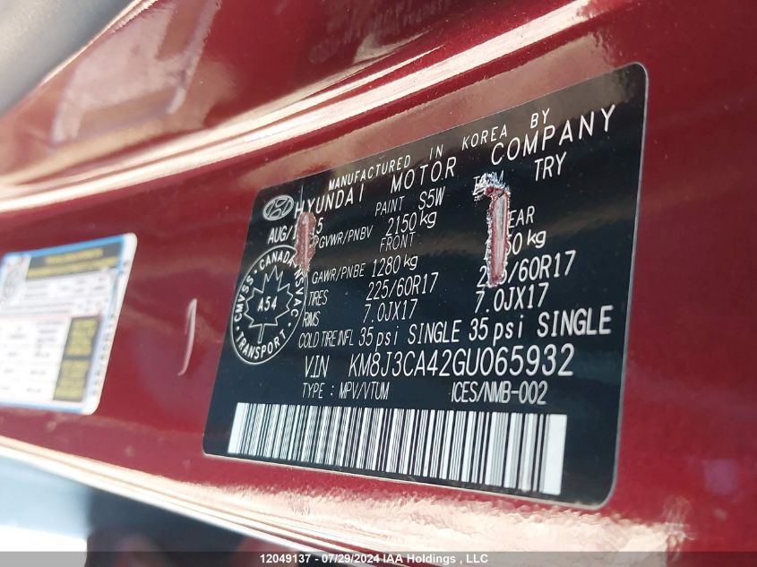 2016 Hyundai Tucson Limited/Sport And Eco/Se VIN: KM8J3CA42GU065932 Lot: 12049137