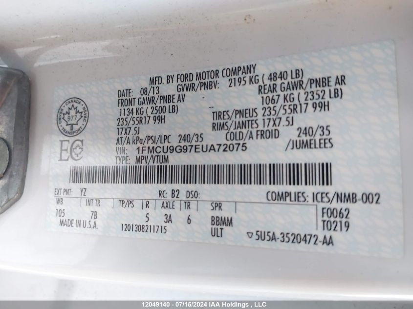 2014 Ford Escape Se VIN: 1FMCU9G97EUA72075 Lot: 12049140