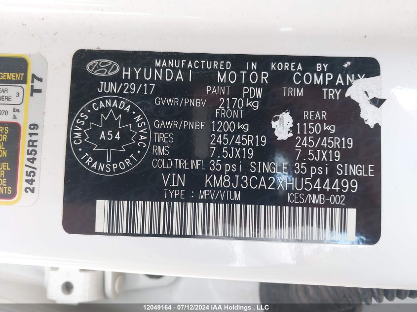 2017 Hyundai Tucson Limited/Sport And Eco/Se VIN: KM8J3CA2XHU544499 Lot: 12049164