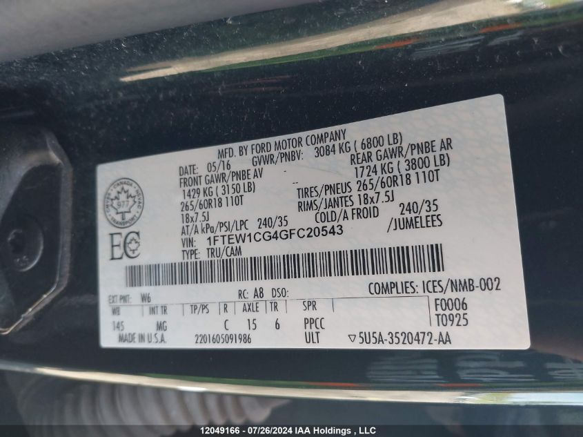 2016 Ford F150 Supercrew VIN: 1FTEW1CG4GFC20543 Lot: 12049166