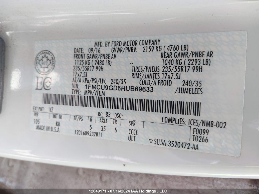 2017 Ford Escape Se VIN: 1FMCU9GD6HUB69633 Lot: 12049171