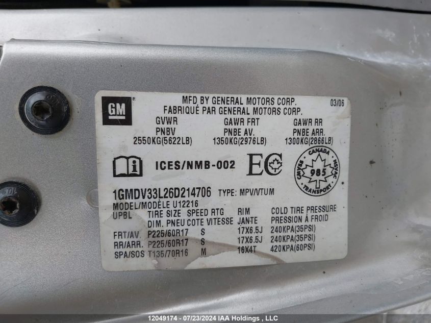 2006 Pontiac Montana Sv6 VIN: 1GMDV33L26D214706 Lot: 12049174