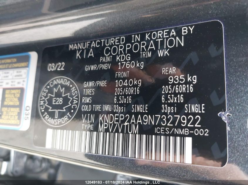 2022 Kia Seltos VIN: KNDEP2AA9N7327922 Lot: 12049183