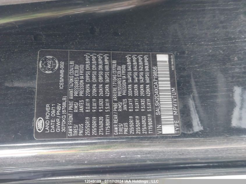 2012 Land Rover Range Rover Sport VIN: SALSK2D4XCA719856 Lot: 12049189