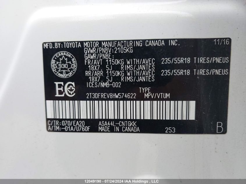 2017 Toyota Rav4 Limited VIN: 2T3DFREV8HW574622 Lot: 12049190